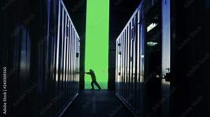 Man Opening Door of a Container Warehouse With Green Screen Background. You can replace green screen with the footage or picture you want with “Keying” effect in AE (check out tutorials).