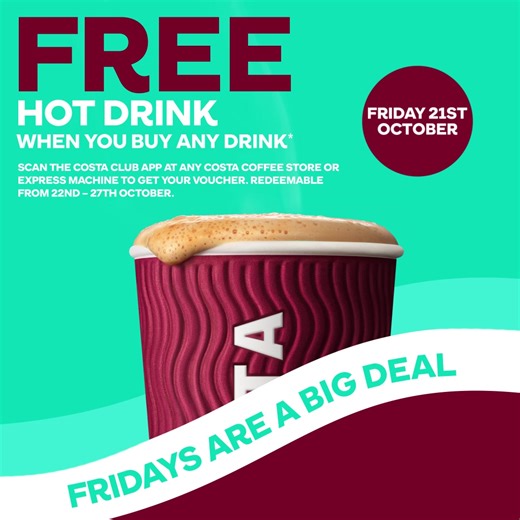 It's your lucky day, receive a free hot drink voucher to use in-store! ☕😍 Simply buy any drink in-store or at a Costa Express machine today, scan your app and a voucher will appear for you in your Costa Club app to redeem between 22nd - 27th October. T&Cs: costa.co.uk/terms | Costa Coffee