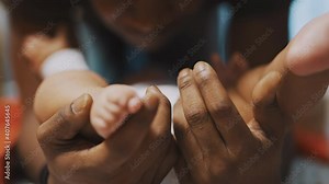 Black father playing with baby feet. Close up slow motion. High quality 4k footage