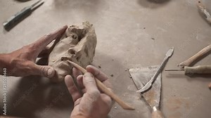 A close-up of male sculptor modelling clay sculpture adjusting face details using professional tools. Potter working in his studio. Creative concept. Modern art