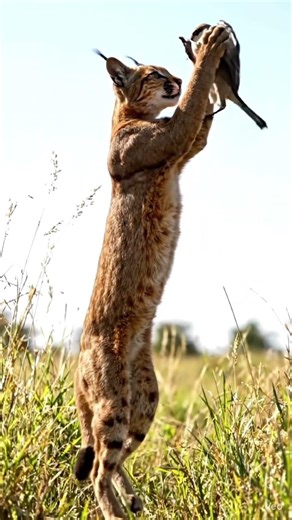 ￼ a caracal jumps up in the air and catches a bird mid flight ￼