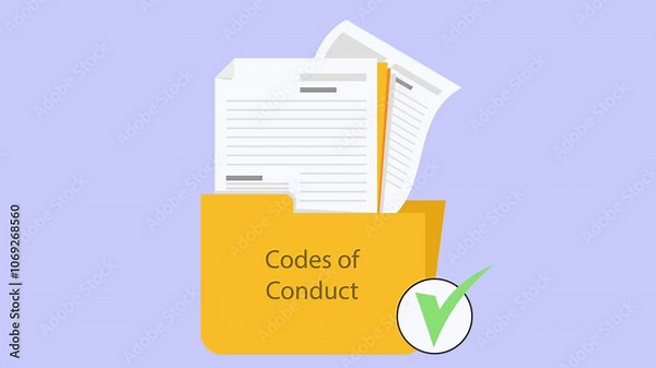 File folder of Codes of conduct document folder animation with papers in document folder of yellow color. Checked documents with tick mark animation video for project files in secured folders checking