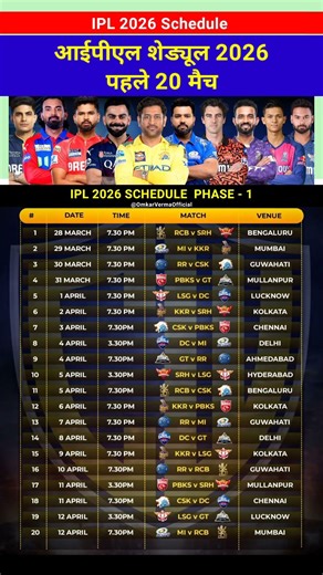 IPL 2026 Match Schedule Date Time Phase 1 #date #schedule #cricket #ipl #rcbvssrh #kkr #csk #rcb