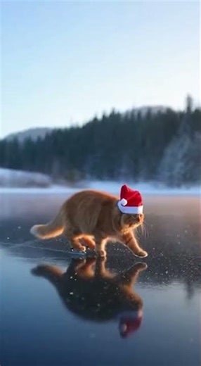 Cat Ice Skates on a Frozen Lake… With a Tiny Santa Hat!