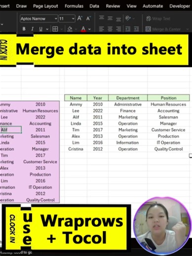 My colleague asked me to merge data into a spreadsheet. 💥Still copying and pasting one by one? 😮‍💨That's too slow! Just use the Wraprows Tocol function!! Assuming the data is as follows: 👉 Highlight range = B7:C22 🧠 Amazing trick: TOCOL I directly entered: =wraprows(tocol(B7:C22),4) Press Enter ✨ In one second, Excel automatically merged the data into the spreadsheet. 🪄 Even better: No need to copy and paste data one by one anymore! Just use the Wraprows Tocol function! 😎 🌿 Clara's quote