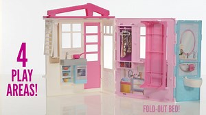 Time to move into #Barbie®’s portable dollhouse that unfolds to reveal a one-story home more than 2 feet wide and with 360 degrees of play! The pool can be filled with water to make a splash while colorful "lights" hang from the patio too 😍 | Barbie