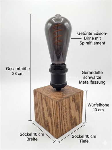 BlackQube Edison – Designer table lamp made of oak | Manufactured in Karlsruhe | Brass socket & textile cable