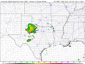 High-res predictive radar shows gusty thunderstorms blowing through DFW 12-3P today. | WBAP