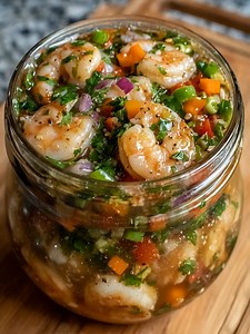 Citrus Shrimp Jar Ingredients The Seafood: 1 lb cooked shrimp (peeled, deveined, and tails removed) The Citrus Marinade: 1/2 cup fresh lime juice 1/4 cup orange juice (or light citrus juice) 2 tbsp olive oil Salt and black pepper to taste Fresh Vegetables: 1 cup diced tomatoes 1/2 red onion, finely chopped 1 bell pepper, finely diced (any color) Aromatics & Heat: 1/4 cup fresh cilantro, chopped 2 green onions, sliced Optional: Chili flakes or minced green chili (for heat) Instructions Marinate B