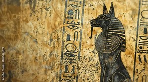 Ancient Egyptian wall with Anubis figure and hieroglyphs. Weathered stone carving depicts jackal-headed deity. Symbolic artwork with intricate details on cracked surface