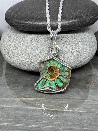 Ammonite Jewelry, Ammonite With Smithsonite Stone Inlay, Ammonite Pendant Necklace Wire Wrapped in Argentium Silver, Gift Item - Etsy