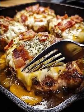 Secret Sauce Bake Pork Chops with Golden Triple Cheese Bacon 🥓#youtubeshorts #cooking #bonnecuisine