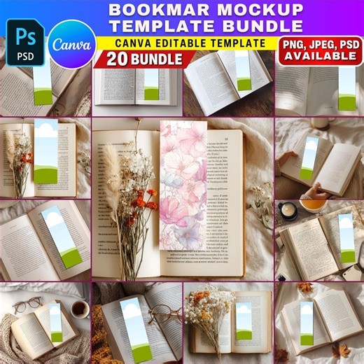 20x Bookmark in Book Mockup Bundle | Book Lover Gift Display | Printable Bookmark Template | PSD Template & Printify Mockups for Etsy - Etsy Canada