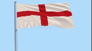 Flag of England on a flagpole fluttering in the wind on a transparent blue background, 3d rendering, PNG format with ALPHA transparency