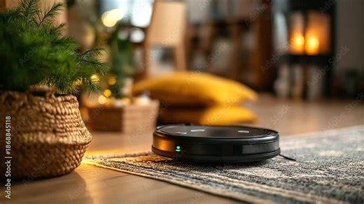 Robotic vacuum stuck on a thick rug edge little warning light flashing wide shot with negative space no people smart home fail robot vacuum stuck home tech everyday chaos