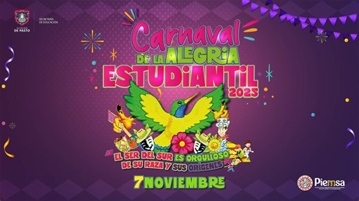 🎭✨ ¡El Carnaval de la Alegría Estudiantil 2025 ya está aquí! Este 7 de noviembre las calles de Pasto se llenarán de color, música y tradición con la energía de 2.300 estudiantes de todos los establecimientos educativos del municipio de Pasto. Bajo el lema 'El ser del sur es orgulloso de su raza y sus orígenes', nuestros niños, niñas y jóvenes desfilarán por la senda del carnaval hasta llegar a la Plaza del Carnaval. Ven, disfruta y celebra con nosotros esta gran fiesta de identidad, alegría y c