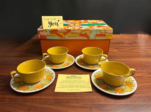 1970s Allied Chemical Dinnerware Set | Mid Century Melamine Plates & Cups | Vintage Harvest Gold Retro Coffee Mugs | Kitsch Kitchen Decor - Etsy