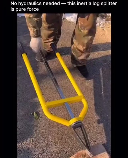 A.T.C on Instagram: "Inertia log splitters use stored rotational energy instead of hydraulic pressure to split wood in seconds. A motor spins heavy flywheels that build up kinetic energy. When you pull the lever, a clutch connects the flywheels to a ram that shoots forward and drives the log through a wedge in under three seconds. The physics behind it is simple. Spinning flywheels store energy based on their rotational inertia and speed. Instead of slowly building oil pressure like hydraulic mo