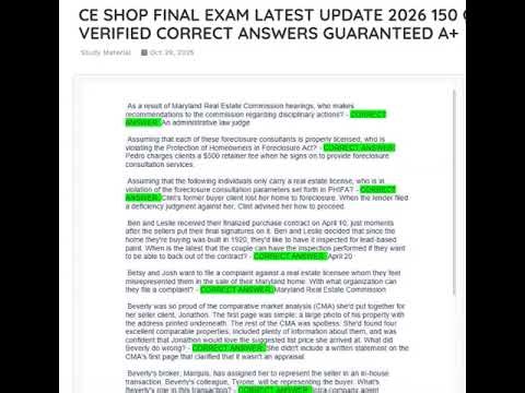 CE SHOP FINAL EXAM LATEST UPDATE 2026 150 QUESTIONS AND VERIFIED CORRECT ANSWERS GUARANTEED A