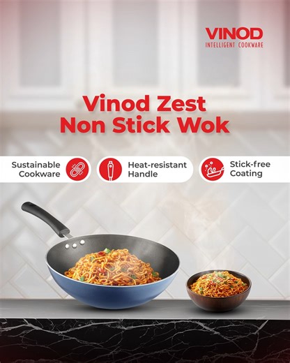Toss like a pro and cook with ease, because the Vinod Zest Non-stick Wok makes it a breeze. Its stick-free coating, heat-resistant handle and sustainable materials help you prepare delicious dishes, effortlessly. #VinodIntelligentCookware #cookware #CookHealthyCookJaldi #Utensils #intelligentcookingassistant | Vinod Cookware