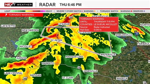 ⚠️ NEXT Weather Alert: Tornado Warning for Le Sueur, Nicollet county until 9/04 7:15PM. If you are in the warning area, put as many walls between you and the storm as possible. TAKE COVER in a basement, or interior room or closet on the lowest level of your home. Avoid windows. If you are outdoors, in a mobile home, or in a vehicle, move to the closest substantial shelter and protect yourself from flying debris. Learn more at wcco.com/weather | WCCO & CBS News Minnesota