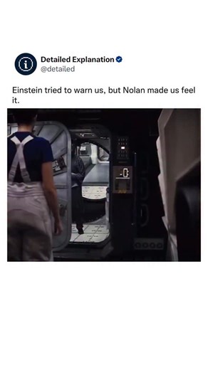 Detailed Explanation on Instagram: "In Interstellar, Miller’s planet orbits close to the black hole Gargantua, where gravity is so strong that time runs much slower. This is gravitational time dilation, a prediction of Einstein’s relativity. On the planet, one hour equals about seven years outside. So when Cooper and Brand return after only a few hours, Romilly has aged 23 years waiting in orbit. Einstein’s theory explains this: gravity warps spacetime itself, slowing time near massive objects. 