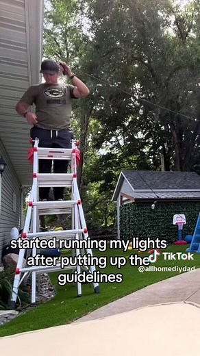 DIY FAIL: String Light Install. We have an awesome new turf play area in the backyard. Wanted to string some lights up as its getting dark earlier every day. Its a large area to cover with light and my idea of running some guide wire along the propertly line failed mierably. Too much weight and sag in the lines. Stay tuned for the fix I came up with! #stringlights #diyfails #diybackyard