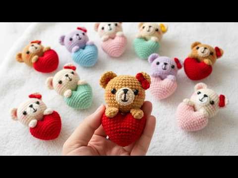Crochet Bear With Heart Keychain - Cute Amigurumi Bear Keychain Tutorial (Subtitles)