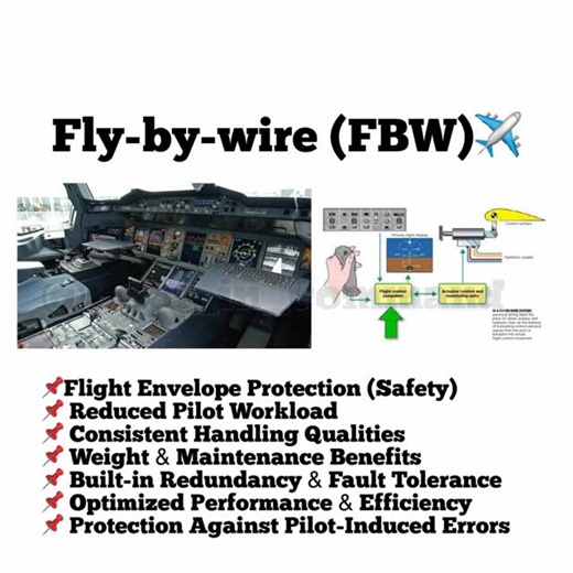 Pilot in Command on Instagram: "Fly-by-Wire (FBW) ✈️ 📌Flight Envelope Protection (Safety) 📌 Reduced Pilot Workload 📌 Consistent Handling Qualities 📌 Weight & Maintenance Benefits 📌 Built-in Redundancy & Fault Tolerance 📌 Optimized Performance & Efficiency 📌 Protection Against Pilot-Induced Errors"