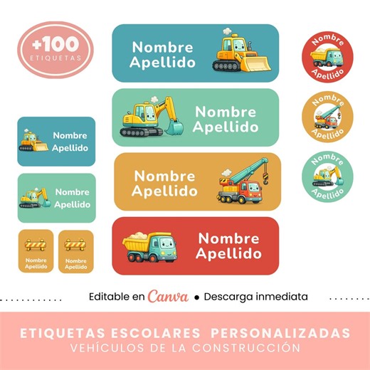 Personalized School Labels - Construction Vehicles | Editable in Canva | Printable | Kids - Etsy