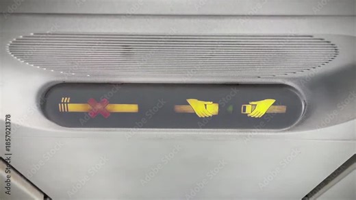 Airplane No Smoking Sign On and Seat Belt Sign Turning On Inside Aircraft Cabin - 4K
