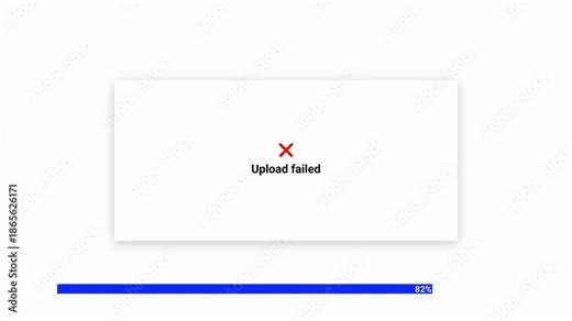 4K upload failed UI animation with background card, Upload Failed text, red X icon, and blue progress bar stopping at 82 percent. Ideal for error states, apps, and software interfaces.