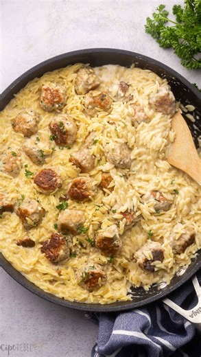 Ashley Fehr | The Recipe Rebel on Instagram: "Imagine 😂 This Chicken Meatballs and Orzo goes viral every time I share it, and for good reason 🙌 It’s a one pan wonder with homemade meatballs and creamy garlic Parmesan orzo 🥰 it comes together quickly and is a crowd pleaser! GET THE RECIPE: 1) follow @thereciperebel and comment “RECIPE” and the link to the recipe will be sent right to your inbox 👇 • OR • 2) tap the link in my bio to go straight there 👆 https://www.thereciperebel.com/one-pan-c