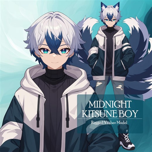 Premade Vtuber: Midnight Kitsune Boy, Live2d Male Vtuber, Rigged Vtuber Model,pngtuber,cute, Fox,cat,chibi, Instant Download, Commercial Use - Etsy