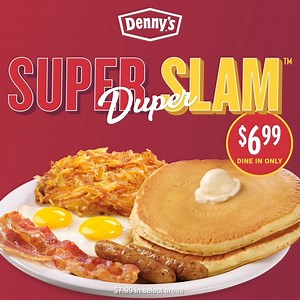 40K views · 687 reactions | Introducing the Super Duper Slam with bacon, sausage, eggs, hash browns AND all you can eat pancakes for only $6.99. It’s a deal so super, we just had to add a duper. $7.99 in select areas. See you at Denny’s! | Denny's | Facebook