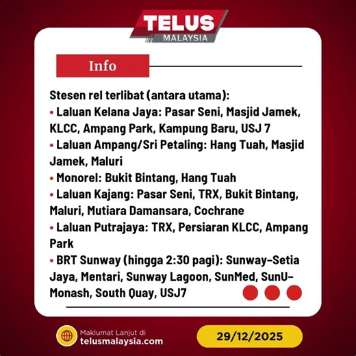 Tahun baharu: Rapid KL lanjut waktu operasi hingga 2 pagi pada Rabu