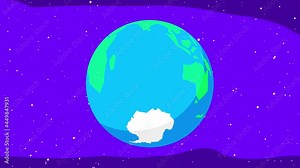 Earth cartoon 2d flat animation with Antarctica view. Rotating green blue planet with one white continent. Good for modern explainer, educational or business film, titles, etc. Isolated.