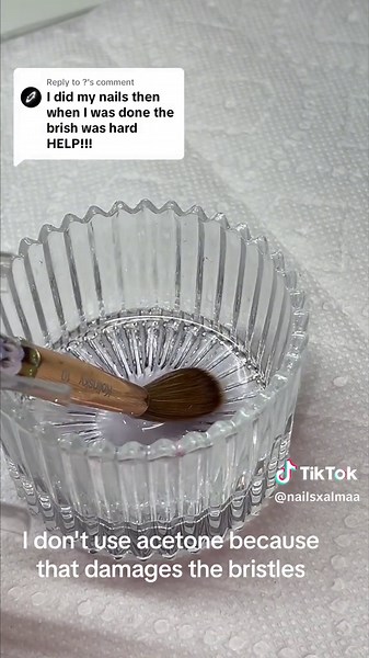 Replying to @? This is what I do when acrylic gets stuck in my brush. Personally, I never use acetone to clean my brush as that can damage and dry out the bristles🙅🏻‍♀️ Also, i like to make sure i properly clean my brush after every use to prevent getting acrylic stuck in it. I hope this helps🫶🏼💕 #beginnernailtech #acrylicnails #nails #acrylicforbeginners #nailtutorial #nailtechtips #nailartist #viral #fyp #fypシ