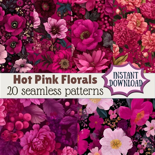 20 Hot Pink Floral Seamless Patterns | Bright Pink Digital Paper Pack | Bold Pink Backgrounds JPEG Commercial Use Bundle - Etsy