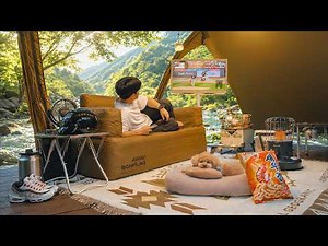 Cool Tent Camping with My Dog . Korean Baeksook & Kimchi . Valley Water ASMR