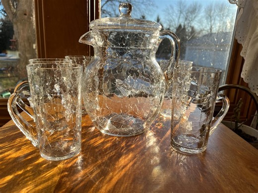 MCM Hand Blown Crackle Glass Pitcher With Lid and 4 Mugs - Etsy
