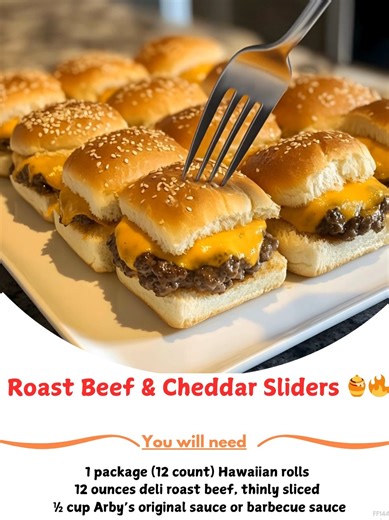 Roast  Beef & Cheddar Sliders  Melty cheddar, saucy roast beef, and buttery rolls—perfect party bites or weeknight comfort food! Ingredients (Makes 12 Sliders) 1 pkg (12-count) Hawaiian rolls 12 oz deli roast beef, thinly sliced  | Easy Cook Recipe | Facebook
