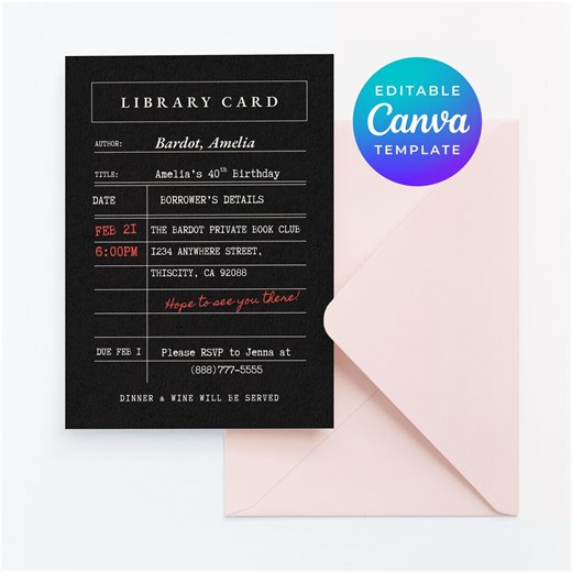 Library Card Birthday Invitation, Canva Editable Template, Book Party Invite, Printable Download, 40th Birthday Party, Digital Download 0153 - Etsy