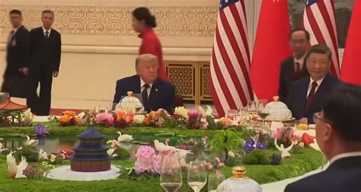 🚨HAPPENING🚨President Donald Trump is in China at the State Banquet with CCP’s Xi JinpingIncase you’re wondering, here’s what’s on the menu, according to the White House:Hors d’OeuvresLobster in Tomato SoupCrispy Beef RibsBeijing Roast DuckStewed Seasonal VegetablesSlow-Cooked Salmon in Mustard SaucePan-Fried Pork BunTrumpet Shell-Shaped PastryTiramisuFruits and Ice Cream