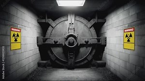 Hidden vault entrance with warning signs indicating danger and restricted access