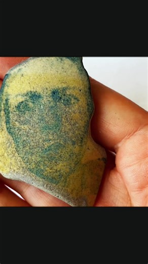Self portrait 2026. An old shard of pottery found on Roker beach becomes a display vehicle for my face. I think the shard is earthenware and probably from a pharmacy or tobacco shop jar. 1800 - 1900 #cyanotype #beachfinds #self #roker