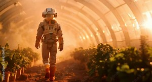high-tech farmer tracker amidst a thriving plantation on Mars detailed suit and gadgetry