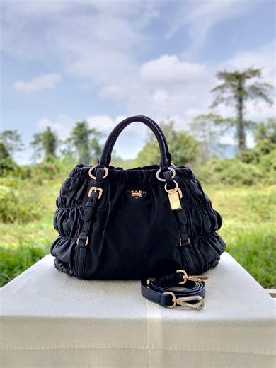 Vintage Prada Tessuto Gaufre Nylon Tote | Black Leather Trim, Gold Hardware - Etsy