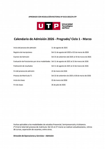 Calendario de Admisión UTP 2026 para Marzo
