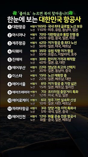 우리나라 항공사 총정리 ✈️ 비행기 부터 노선까지 한눈에 #항공사 #여행 #대한항공